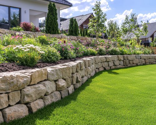 Rockwall retaining wall along with flower bed yard design in Kailua, HI
